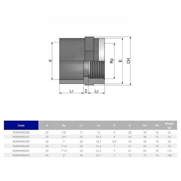Муфта ПВХ Effast RGRMAR032D переходная, с металлическим кольцом d32x1" | Palau Premium 🟦 Все для будівництва та експлуатації басейнів 🏊🌊