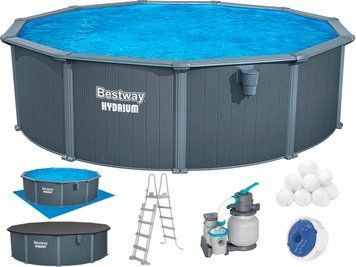 Сборный бассейн Bestway Hydrium 561CU (488х132 см) с песочным фильтром, стремянкой и тентом | Palau Premium 🟦 Все для будівництва та експлуатації басейнів 🏊🌊