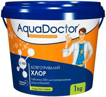 Хлор для басейну AquaDoctor C-90T 1 кг в таблетках | Palau Premium 🟦 Все для будівництва та експлуатації басейнів 🏊🌊