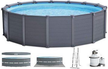 Сборный бассейн Intex 26384 GRAPHITE GRAY (478х124 см) с песочным фильтром, стремянкой, подкладкой и тентом | Palau Premium 🟦 Все для будівництва та експлуатації басейнів 🏊🌊